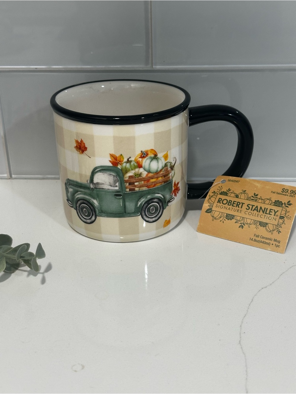 Truck Mug Cup Fall Harvest Pumpkins Tan Plaid Robert Stanley 12 oz NEW